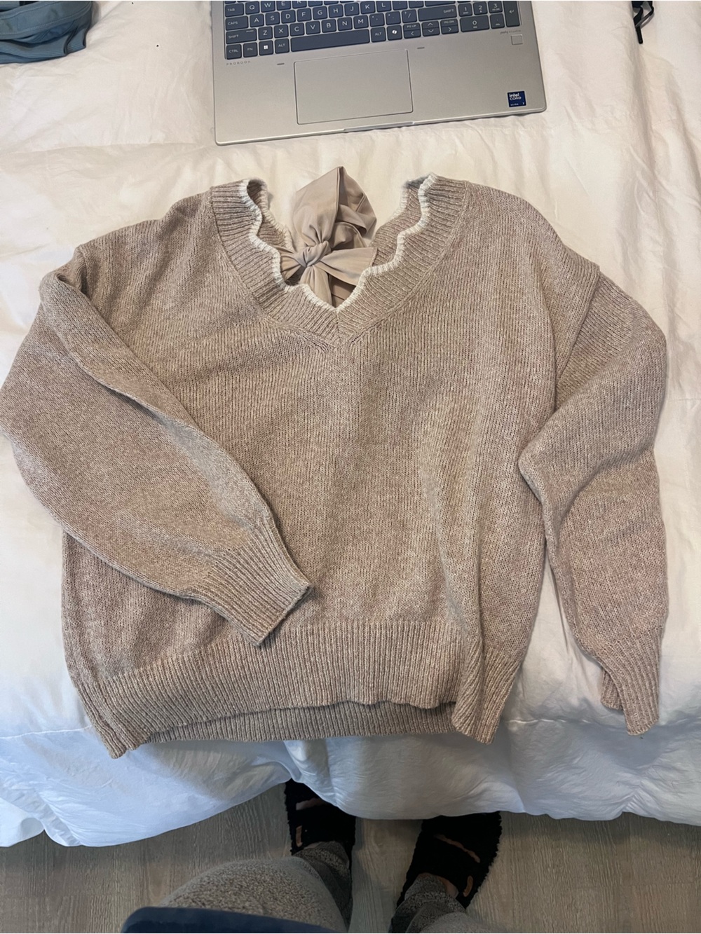 SHEIN Taupe V-Neck Knit Sweater with Scalloped Trim